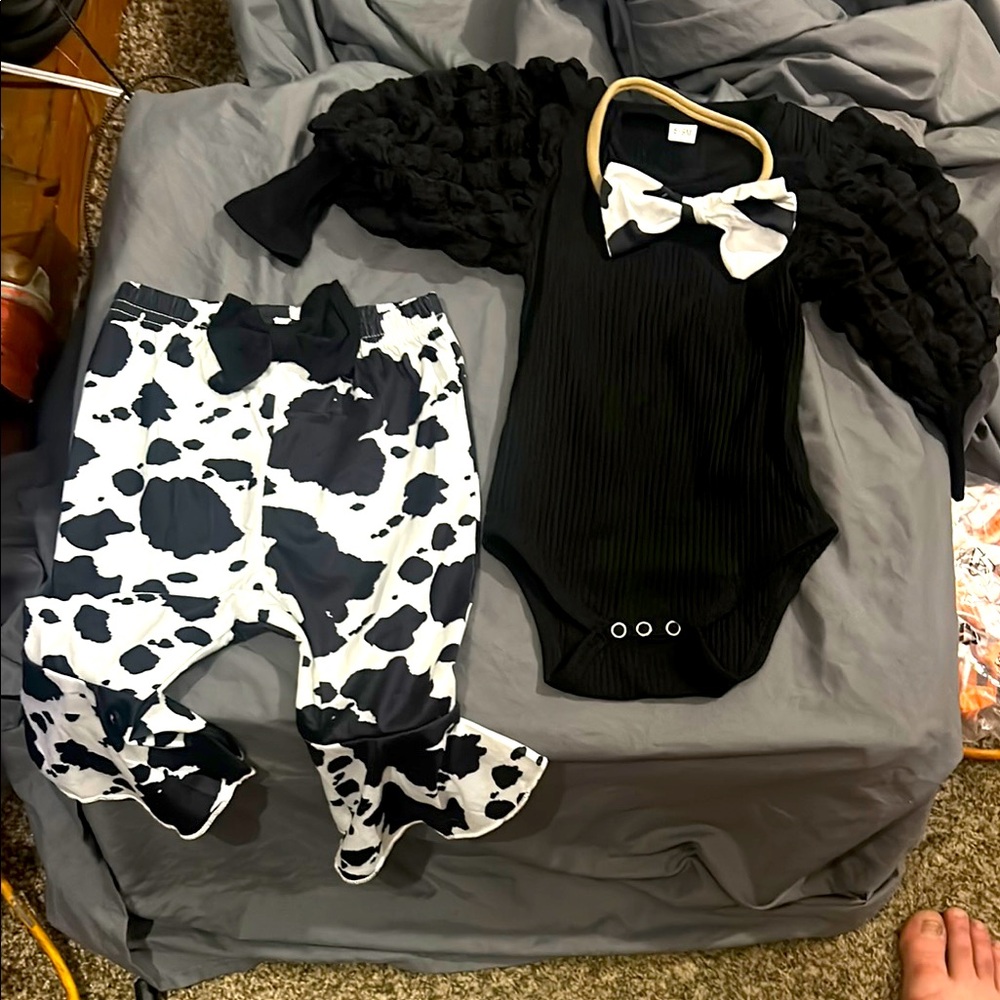 Black Ruffled Onesie and Cow Print Pants Set